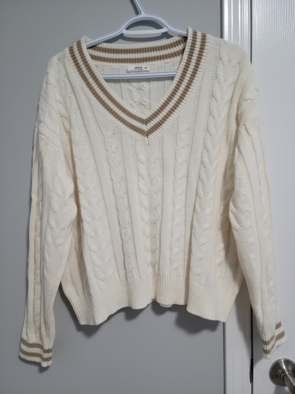 Ardene Cream Cable Knit V-Neck Sweater with Tan Stripe Trim